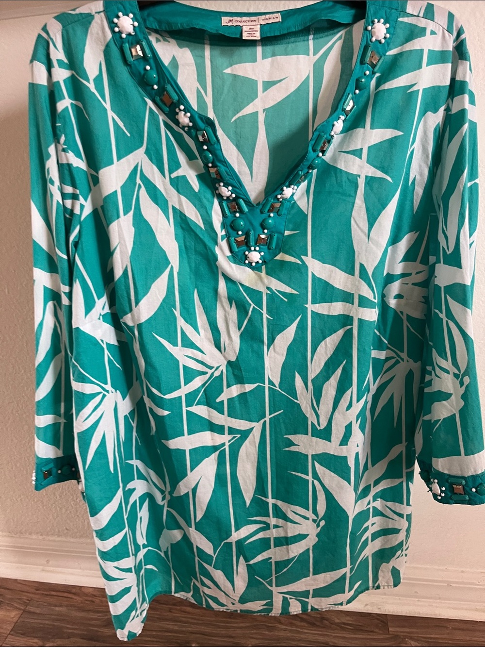 JM Collection Teal and White Long Sleeve Embellished Tunic Dress